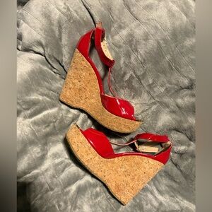 Jimmy Choo Pela Cork Red Patent Wedge Sandals